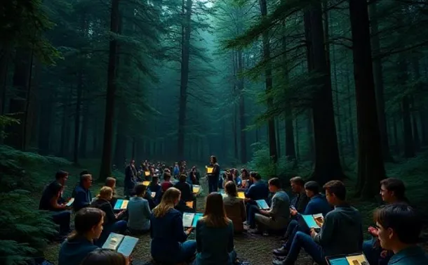 People reading content on multiple devices in evergreen woods